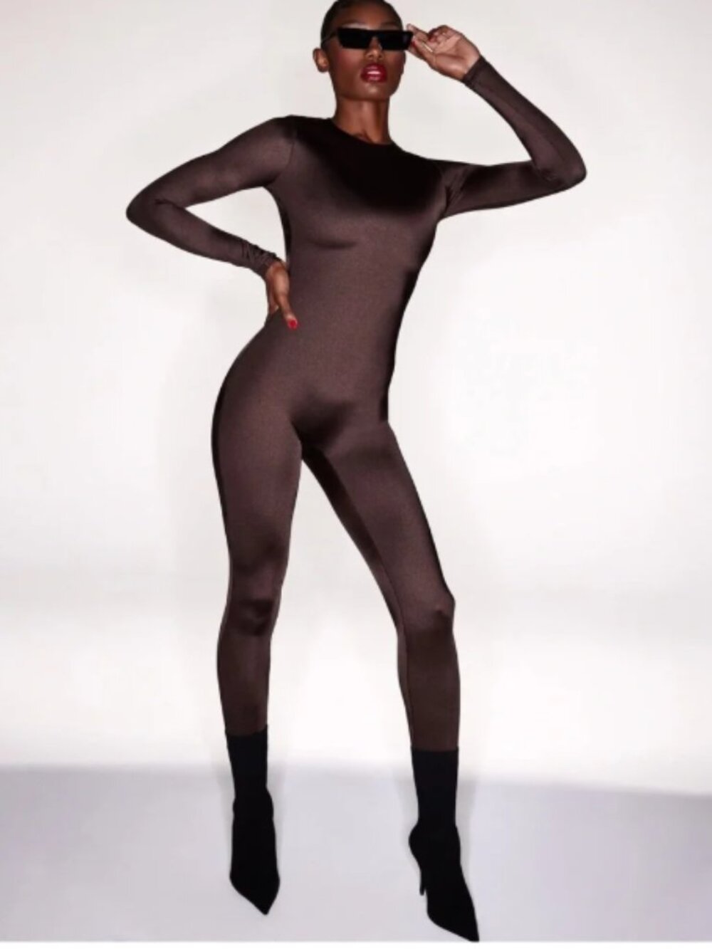 Skims chocolate brown plus size jumpsuit All-In-One Shine Crew Neck Long Sleeve